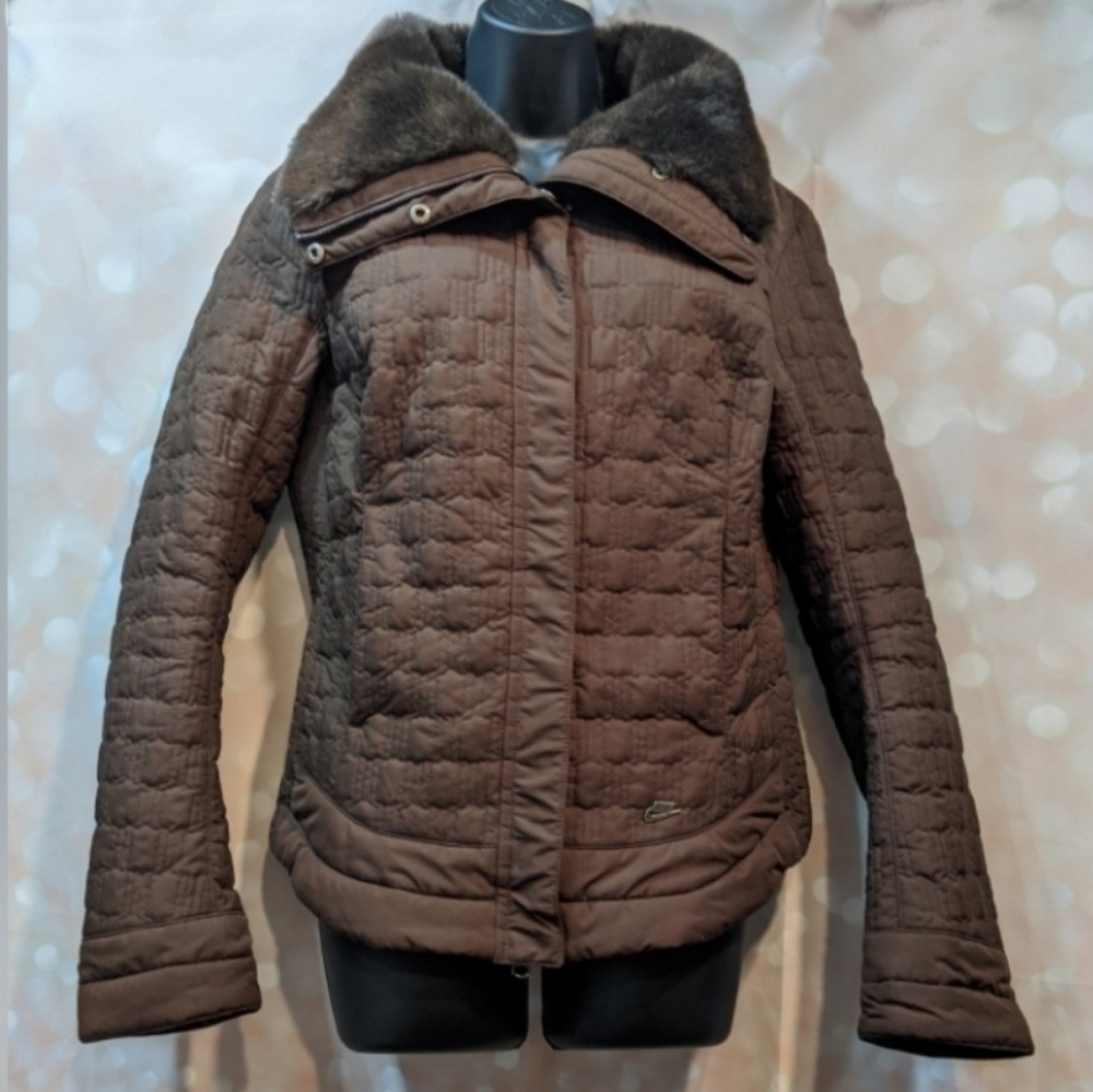 Nike Brown and Pink Quilted Fur Trim Jacket - Picture 1 of 8